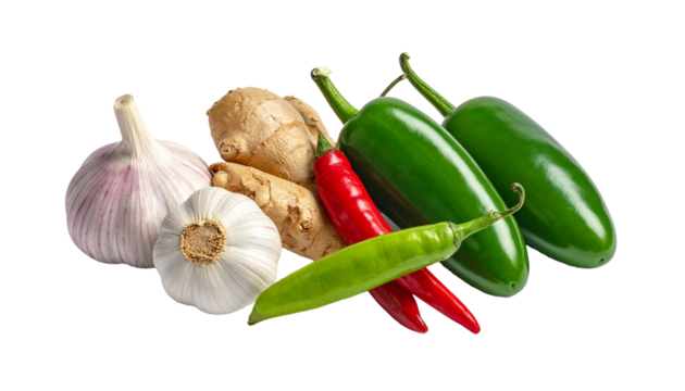 Fresh cooking ingredients combining garlic, ginger, and chili peppers