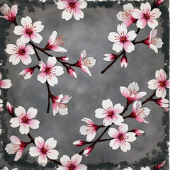 Fototapeta premium Elegant watercolor cherry blossoms branches on a subtly textured gray background for floral design projects and artistic creations spring themed background