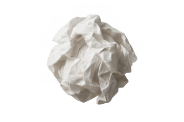 Crumpled white paper ball symbolizing discarded ideas, mistakes, waste, or environmental recycling concept on transparent background