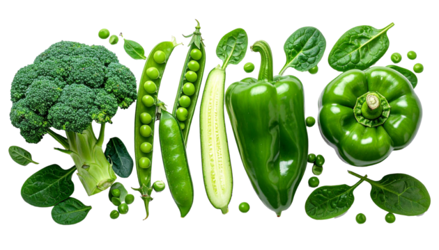 Healthy green vegetables mix flying on transparent background