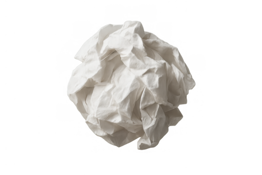 Crumpled white paper ball symbolizing discarded ideas, mistakes, waste, or environmental recycling concept on transparent background
