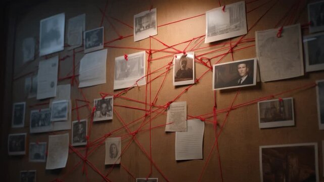 Creative workspace with wall of photos connected by red string for brainstorming and investigation purposes 4k video footage