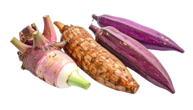 Fresh taro root and purple okra vegetables on transparent background - Powered by Adobe