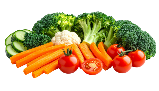 Healthy vegetable assortment with carrot sticks, tomatoes, and broccoli on transparent background