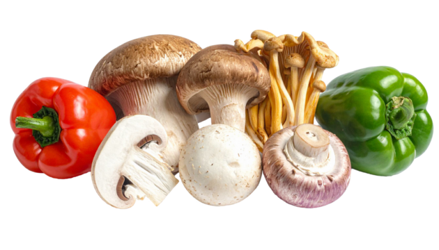 Assorted fresh mushrooms and bell peppers on transparent background