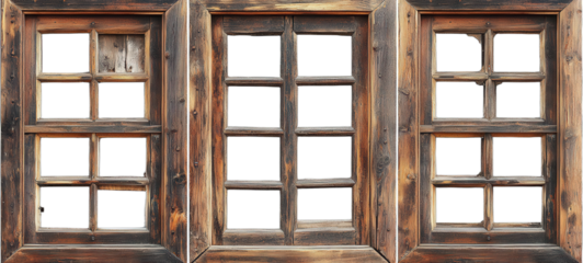 Three old wooden windows with empty panes showing rustic charm