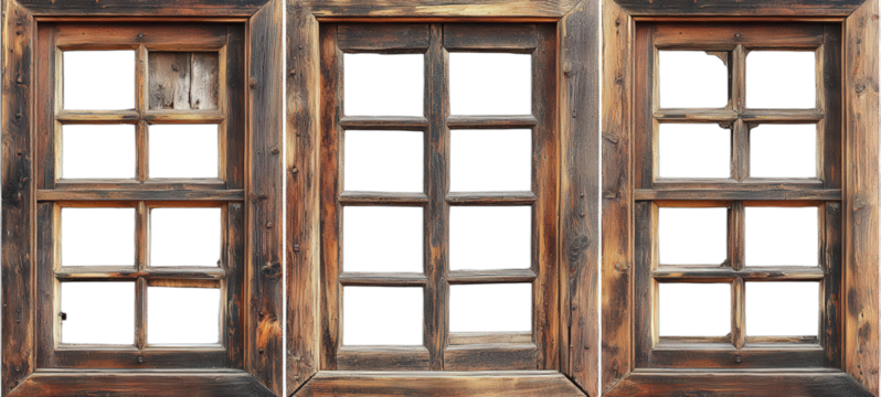 Three old wooden windows with empty panes showing rustic charm
