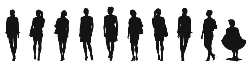 Set of silhouettes of women in front view, standing and seated.
