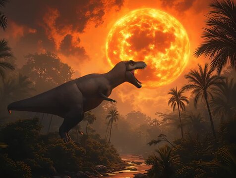 a dinosaur is standing in front of a river with an orange sun in the background