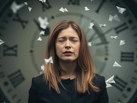 a woman is covering her face with her hands in front of a clock