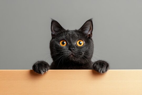 Charming black cat with striking yellow eyes gazes curiously over a wooden panel backdrop in gray - Powered by Adobe