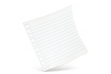 Torn blank notebook paper with blue lines and punched holes, ready for notes or messages, transparent background