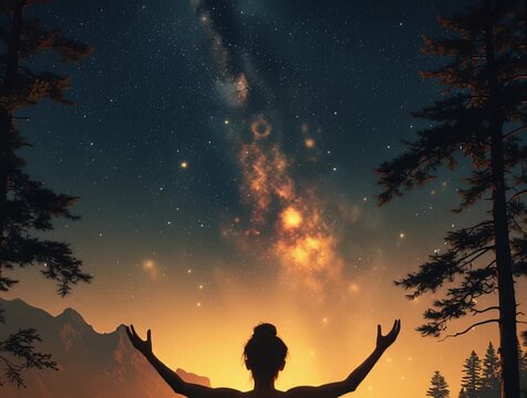 a woman meditating in the woods at night