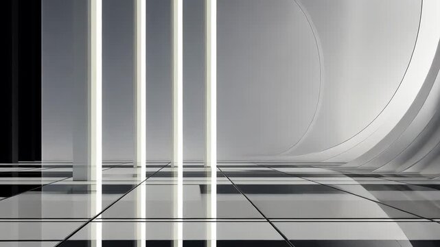 Modern architecture with white pillars and a circular ceiling with a black and white checkered floor