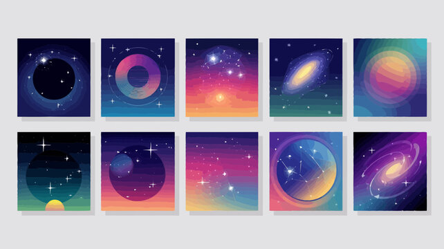 A collection of nine vibrant and colorful spacethemed illustrations featuring galaxies, stars, and cosmic elements