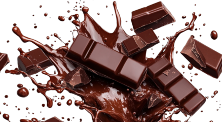 Melted chocolate pieces splashing with rich chocolate liquid