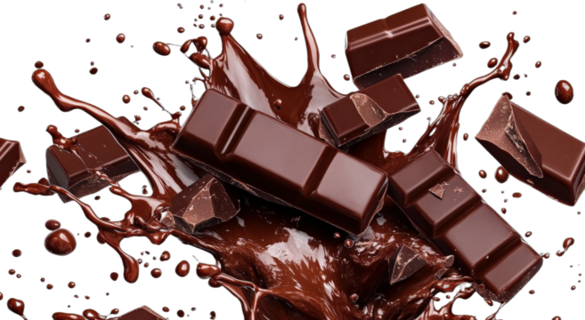 Melted chocolate pieces splashing with rich chocolate liquid