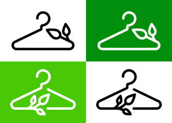 Recycling clothes icons showing sustainable fashion symbols with hanger, reused textile, eco friendly fabric signs. Illustration represents the concept of clothing care, repair, recycling materials