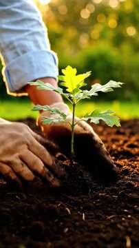 Planting a young oak tree in the soil nurturing the earth