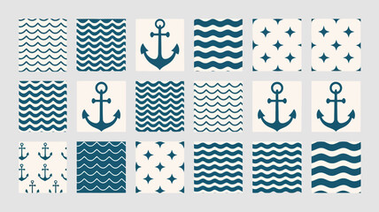Nauticalthemed patterns featuring anchors, waves, and stars in blue and white