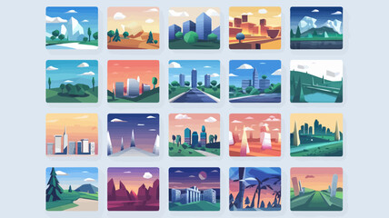 Collection of colorful cityscape illustrations featuring various urban landscapes and skylines