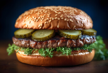 A hamburger with pickles on top