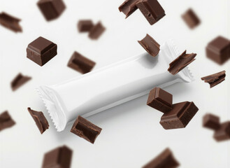 Protein bar packaging, falling chocolate pieces