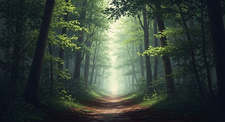 A sunlit forest path winding through tall green trees with dappled light filtering through the canopy