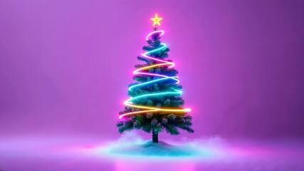 Minimalist Christmas tree with spinning neon lights and a star on top against a purple background - Powered by Adobe
