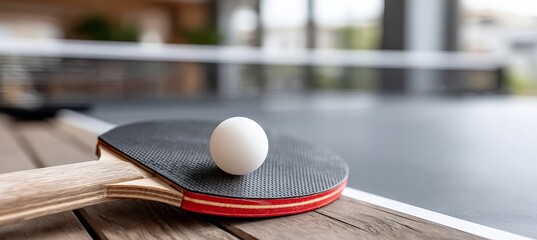 Close-Up of a Ping Pong Paddle and Ball Resting on a Table in a Competitive Sports Arena Setting