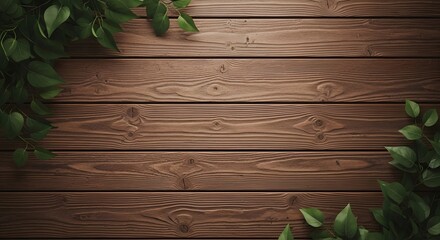 Dark brown wooden planks with green leaves in corners boards timber