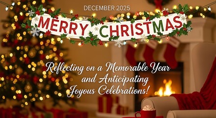 A cozy christmas scene with a decorated tree, fireplace, and festive banner wishing merry christmas in december 2025, reflecting on a memorable year and anticipating joyous celebrations