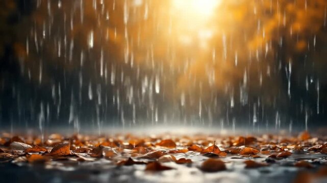 Golden sunset illuminates heavy rain falling on wet autumn leaves
