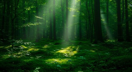 Obraz premium Sun rays shining through trees in a dark forest. Nature woodland ecosystem with green moss and light beams. Enchanting outdoor scene.