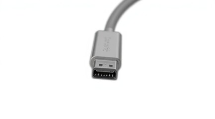 Close-up of a USB cable with a metal connector on a white background. Modern connectivity, charging and data transfer