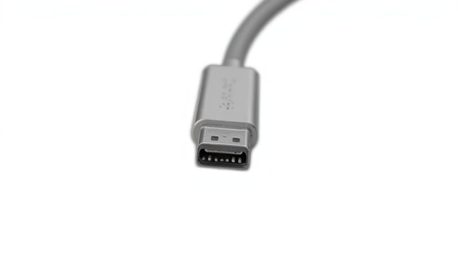 Close-up of a USB cable with a metal connector on a white background. Modern connectivity, charging and data transfer