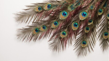 Obraz premium Vibrant peacock feathers with iridescent eyes on a white background.