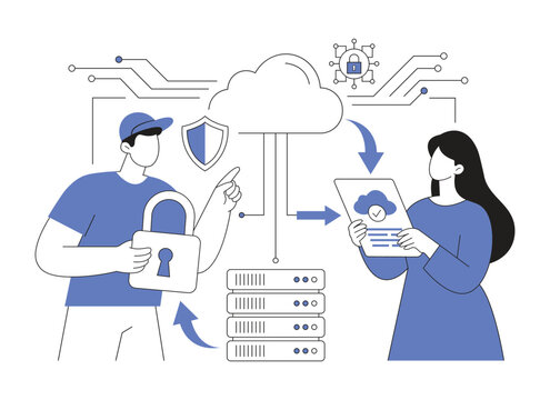 Secure cloud computing and data protection, man and woman IT specialists with server, digital privacy concept vector illustration.