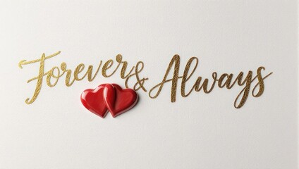 Golden Forever and Always text with two red hearts on a white background.