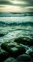 Fototapeta premium Moody ocean waves crashing on moss-covered rocks under a cloudy sky. Color of 2026 concept. Nature seascape for background.