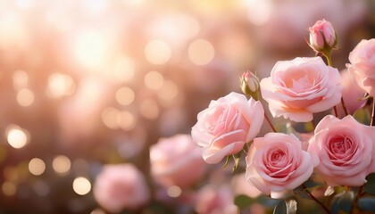 Delicate Pink Roses Bloom In Soft Focus Creating A Romantic And Dreamy Atmosphere With Warm Bokeh Background