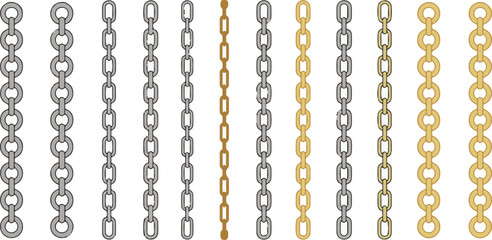 Vector collection of various metal chains in silver and gold colors with different link shapes