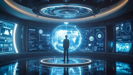 Man in futuristic control room with glowing globe and data screens. - Powered by Adobe