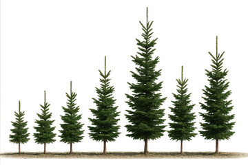 Obraz premium Group of conifer trees standing in a row, showing different stages of growth, isolated with transparent background