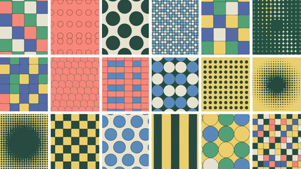 Collection of various geometric patterns and designs in a grid layout, showcasing different shapes and colors