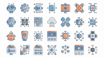 Fototapeta premium Collection of various futuristic and technological icons including robots, networks, and digital devices