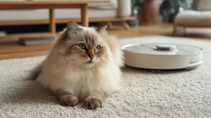 cat and robot vacuum cleaner - a fluffy cat lying on a carpet, with a robot vacuum cleaner in the background