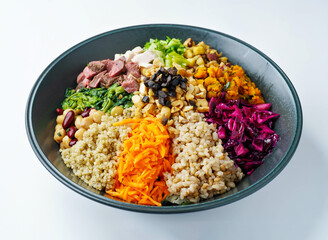 Balanced buddha bowl filled with fresh ingredients. Ideal for promoting healthy eating, mindful nutrition, and a vibrant lifestyle.