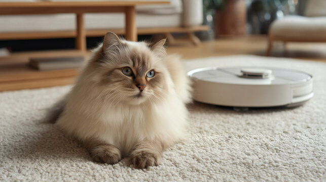 cat and robot vacuum cleaner - a fluffy cat lying on a carpet, with a robot vacuum cleaner in the background