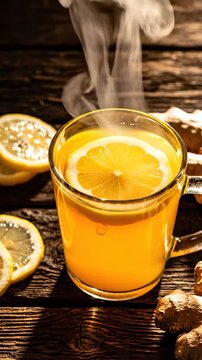 A steaming, golden-toned turmeric tea is presented in a clear glass mug, garnished with a lemon slice, captured in a close-up studio shot against a rustic dark wood surface with scattered